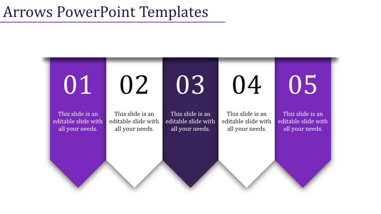 Five vertical arrow banners in alternating purple and white, labeled 01 to 05, with text below each number.