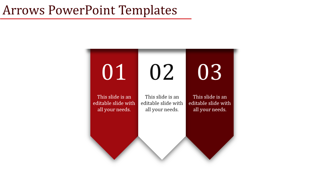 A PowerPoint slide with three numbered steps, each with a red and white arrow and placeholder text.