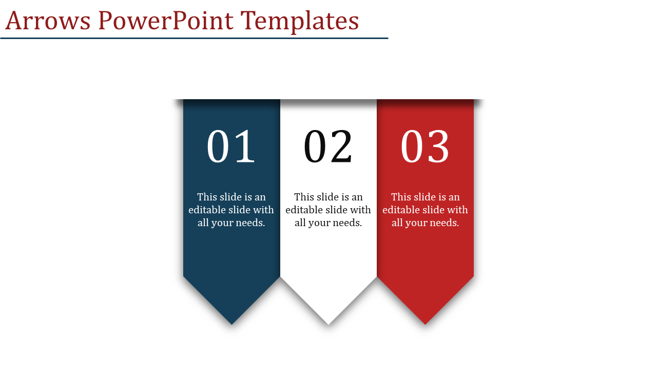 Three numbered vertical banner like arrow shapes in blue, white, and red, arranged sequentially with text sections.