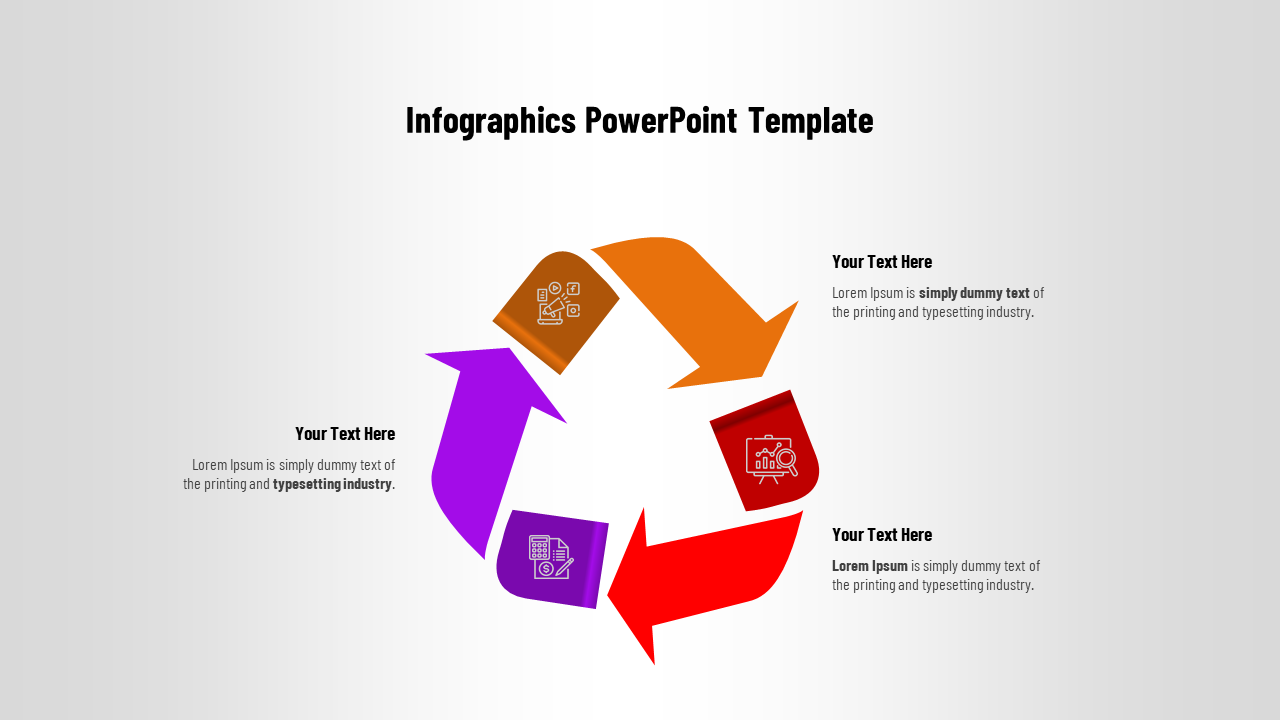 Three segment infographic with orange, purple, and red arrows in a triangular layout, each with icons and text.