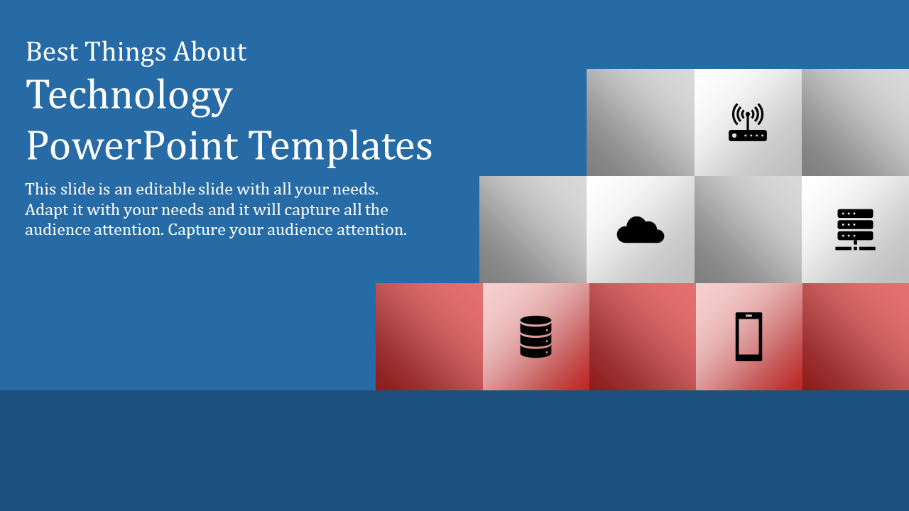 Technology slide showing a grid of icons, such as server, cloud, and smartphone, with a blue and red gradient background.