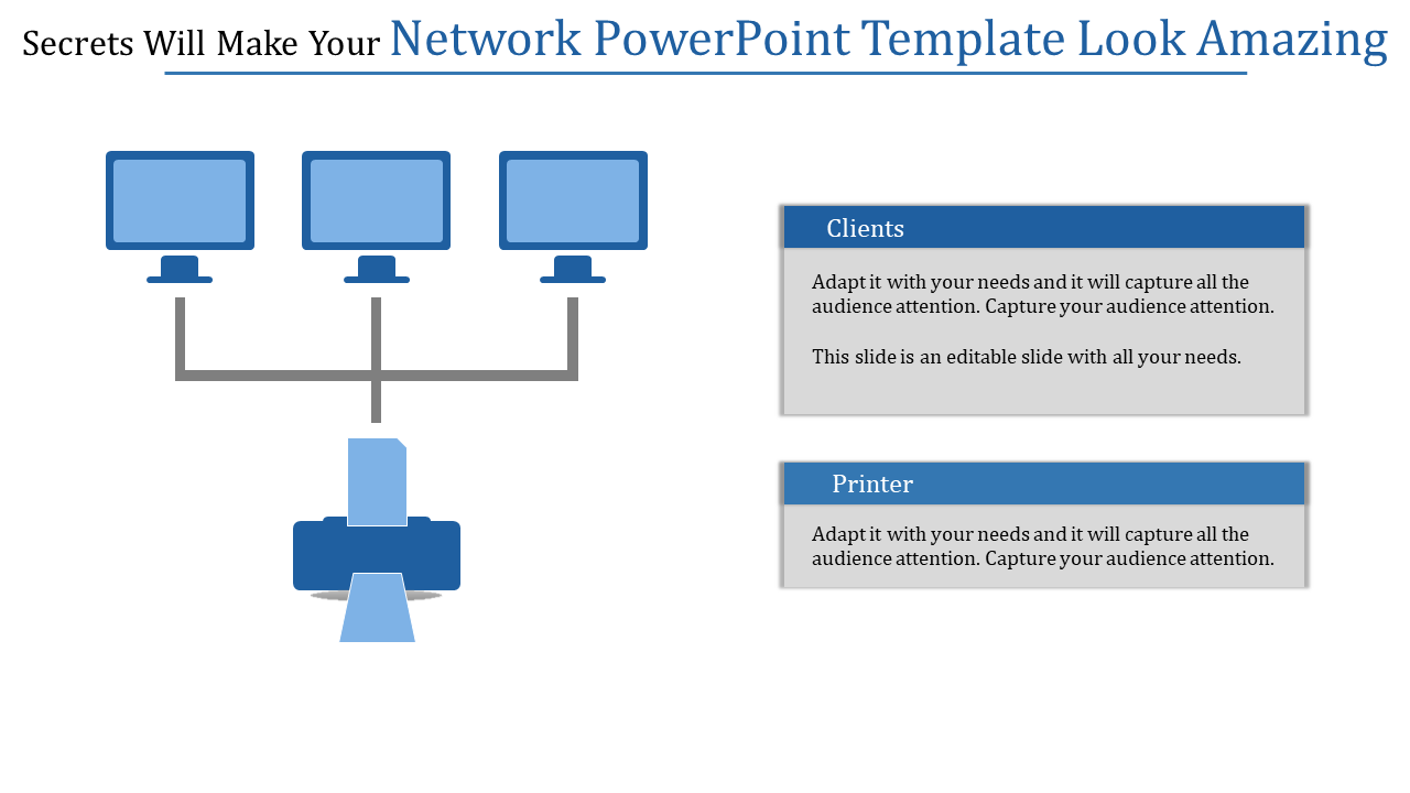 Network marketing depicting a central printer connected to three computers, including placeholder text areas. 