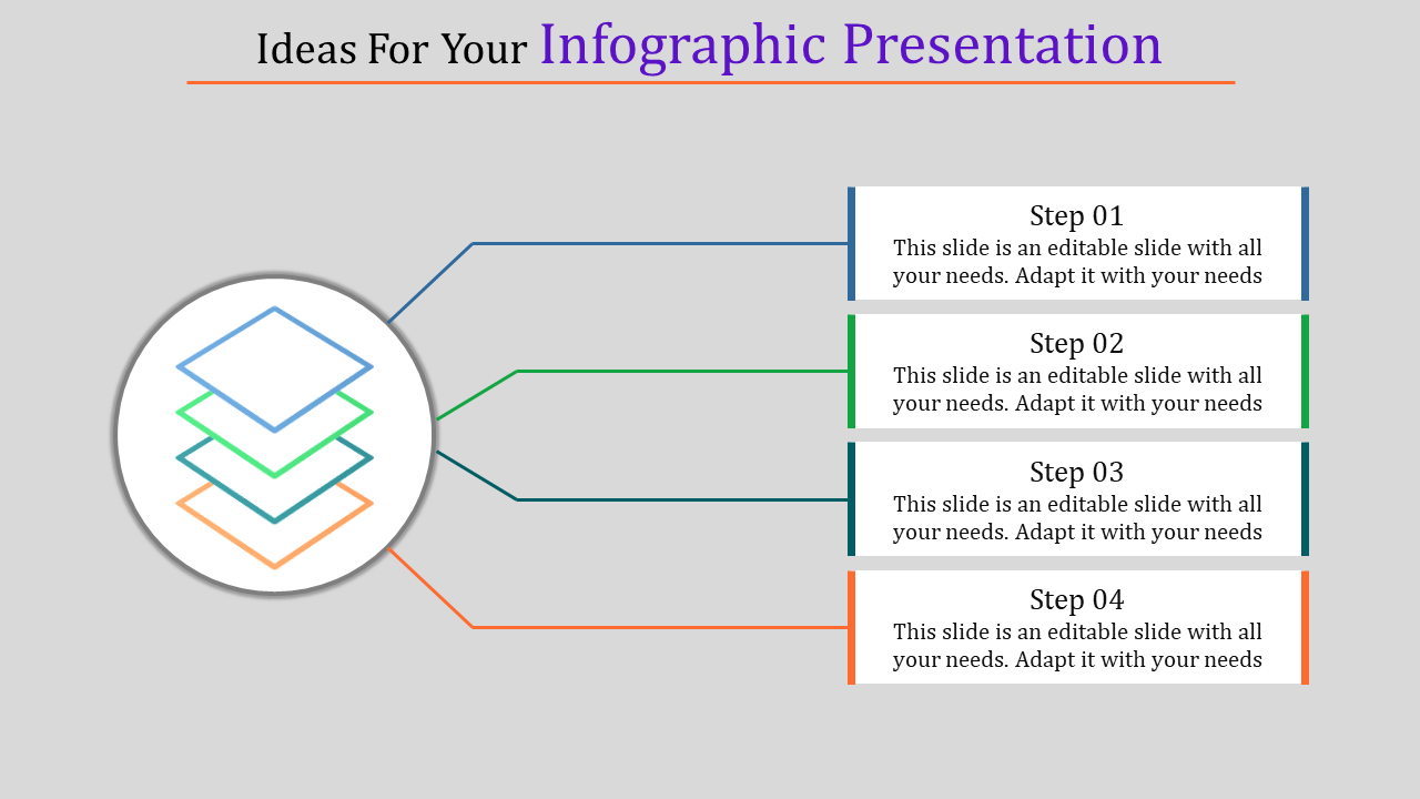 Infographic presentation template showing steps with color coded text boxes and layered visuals.