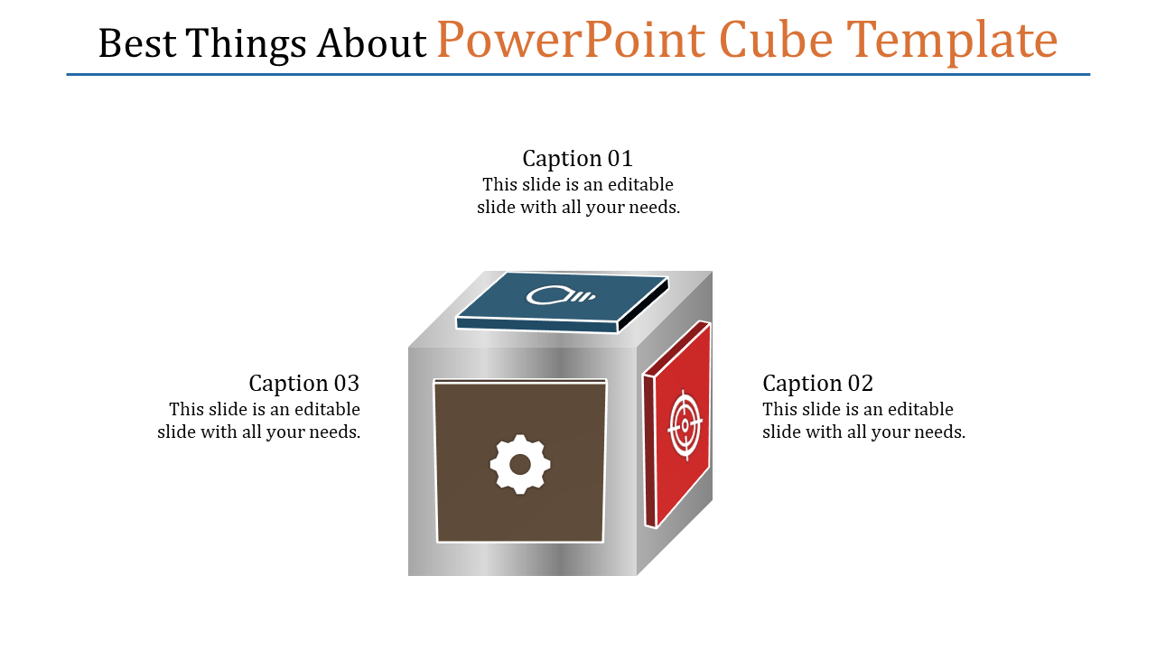 3D cube in multi colour with icons for ideas, settings, and targets, surrounded by three caption areas.