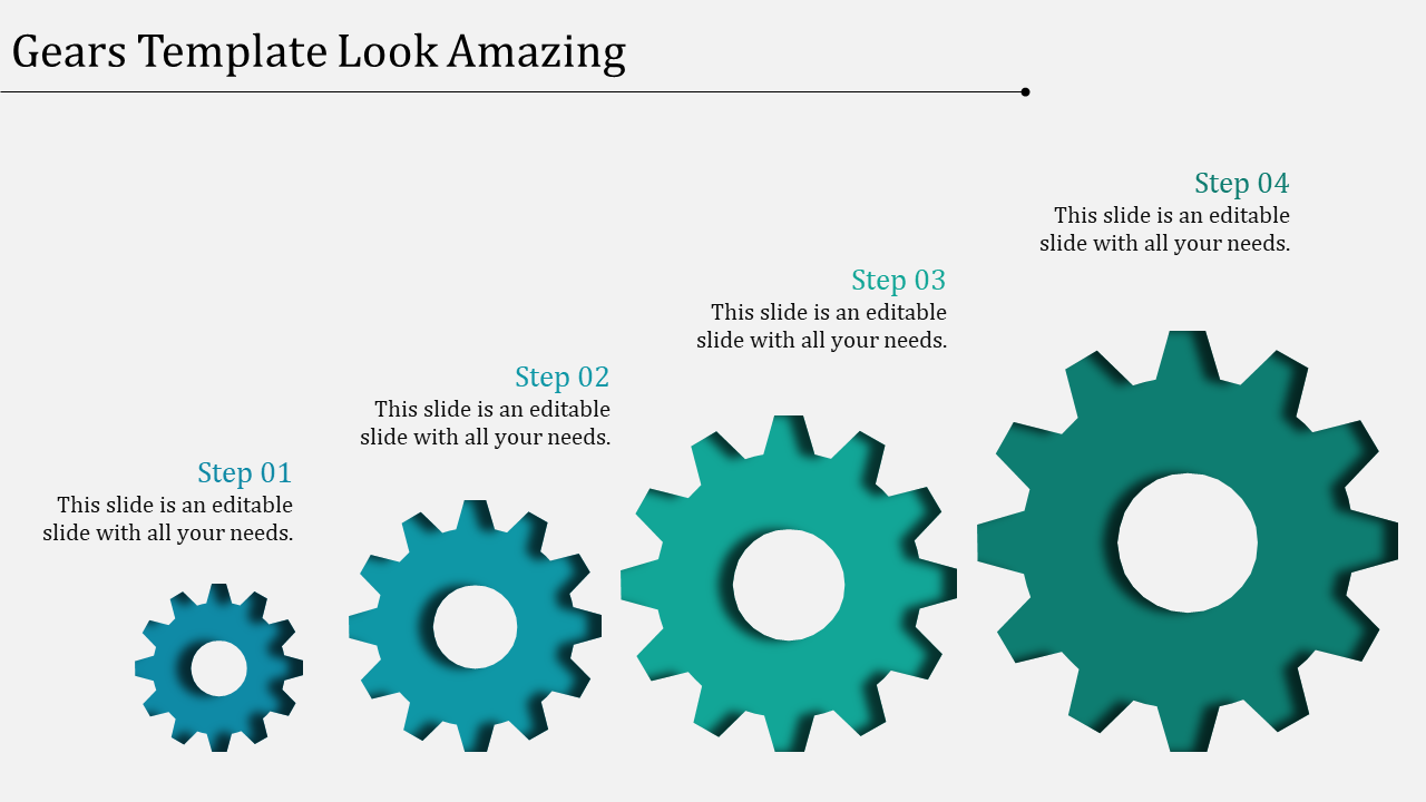 Four progressively larger teal gears aligned horizontally with caption areas above each gear.