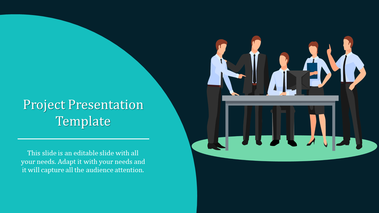 Business team collaborating around a desk, with a split teal and navy blue layout for text and visuals.