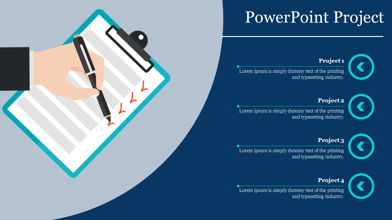 Slide featuring a clipboard and pen illustration with a checklist and four project sections on a blue background.