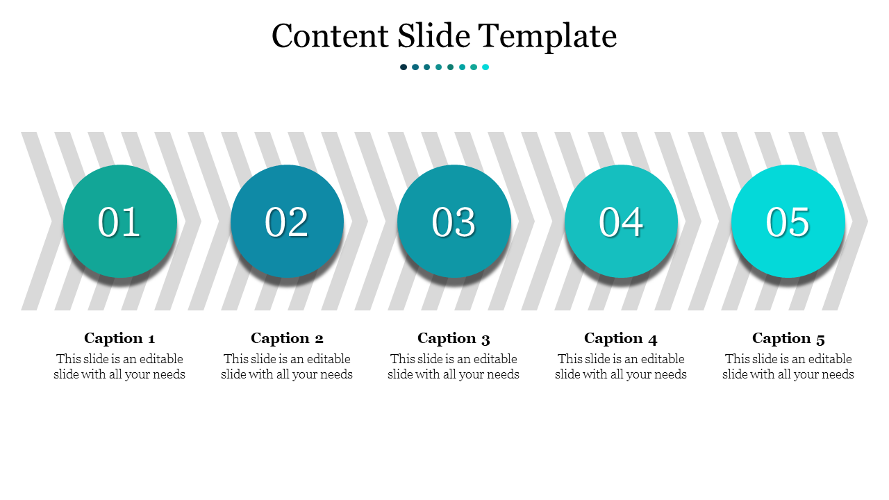 Content PPT slide with five numbered circles and captions on a striped background with placeholder text.