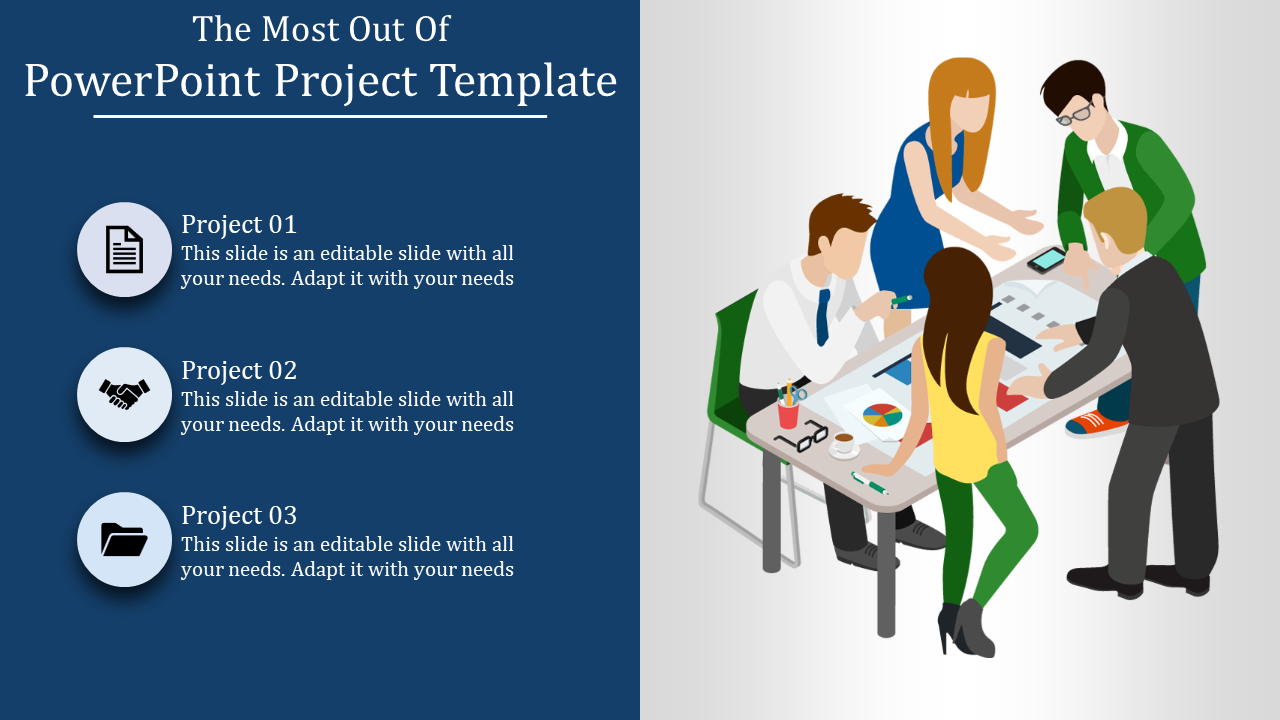 A group of five professionals collaborated around a table with a PowerPoint project template, displaying charts and graphs.