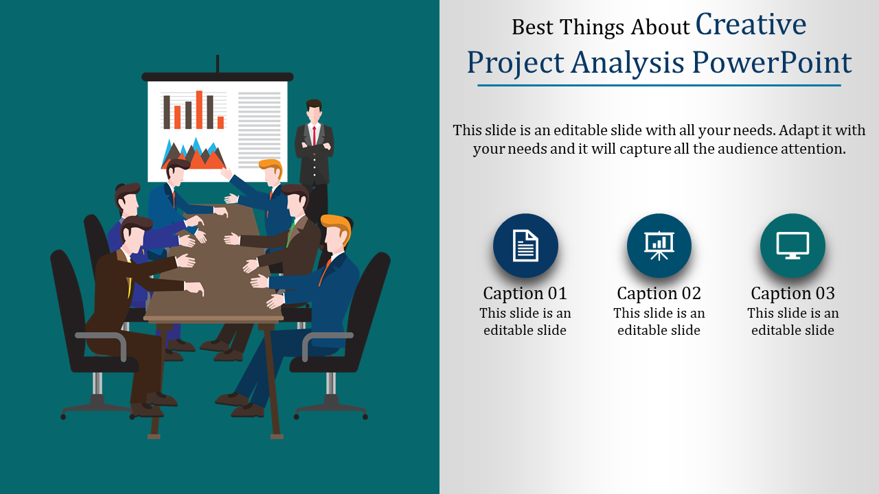 Illustration of a boardroom meeting with presenting a bar graphs, and  three icons and captions on the right.