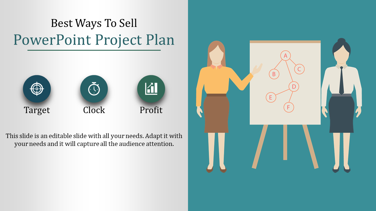 Slide showing three business icons on the left and two professionals presenting a diagram on a board on the right.