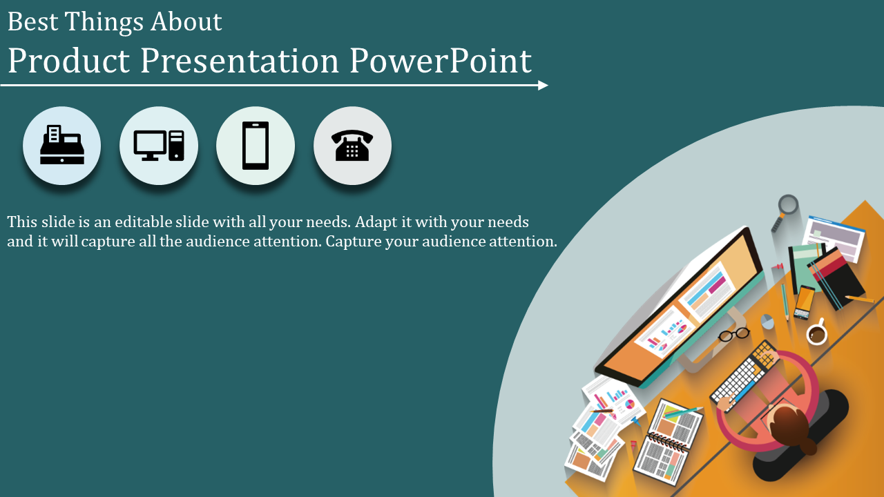 Product presentation layout with icons for technology devices and a top-down view of a busy desk.