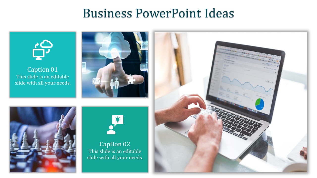 Business PowerPoint slide with tech and analysis visuals on a laptop with caption spaces.