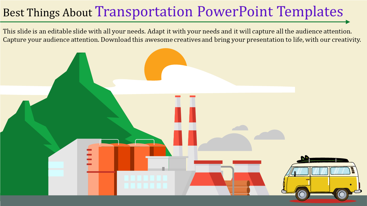 Factory scene with mountains and smokestacks and a yellow van driving in the foreground, with a title about transportation.