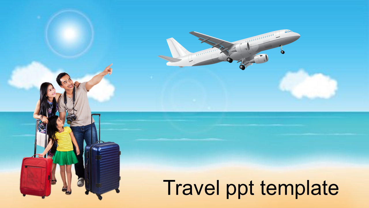 Travel-themed slide with a family on the beach with suitcases pointing at an airplane flying in a clear sky.