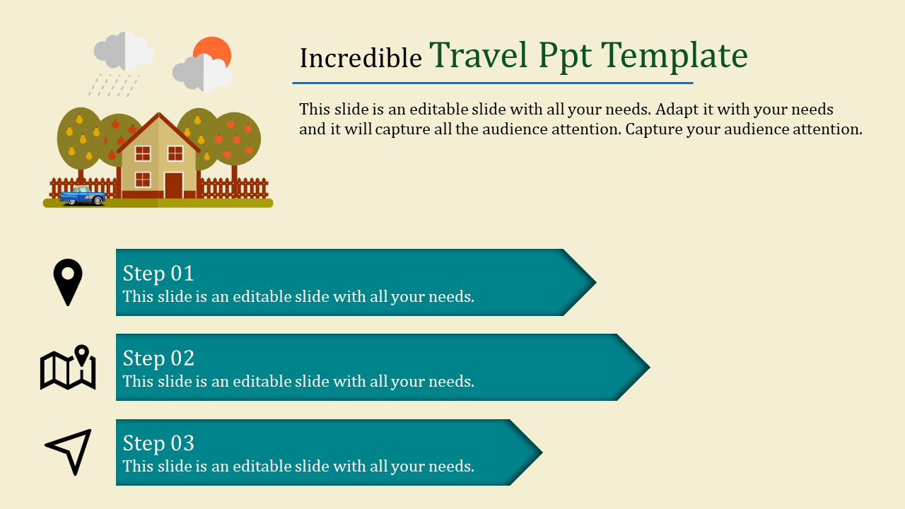 Travel themed slide with a countryside house illustration and three teal arrow shaped text boxes, on a beige background.