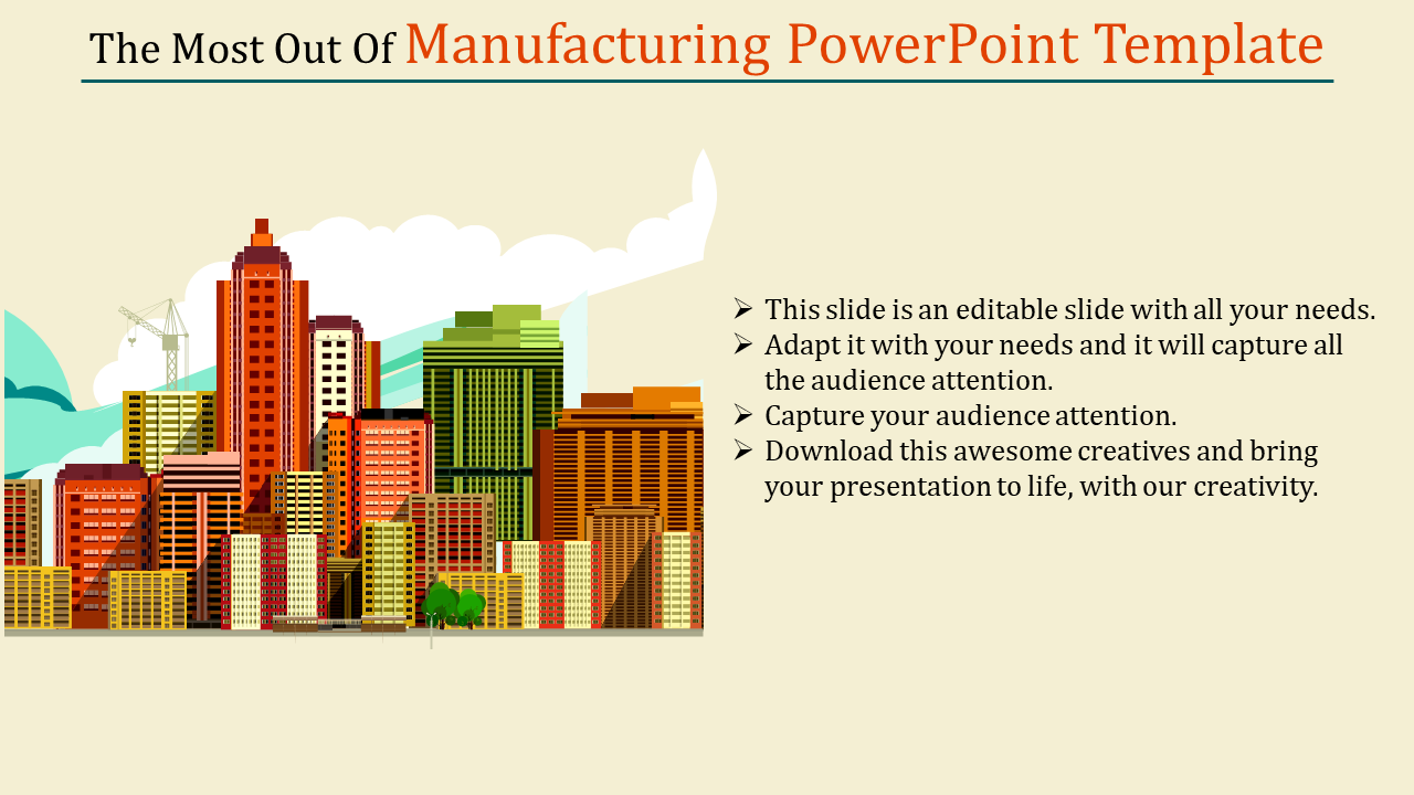 Cityscape slide for manufacturing presentations, featuring a colorful skyline with tall buildings and construction elements.