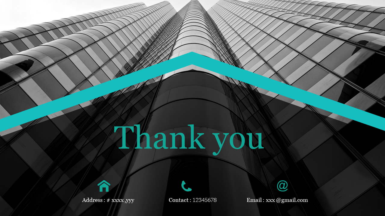 Thank you slide featuring a modern building background with contact information, including address, phone number, and email.