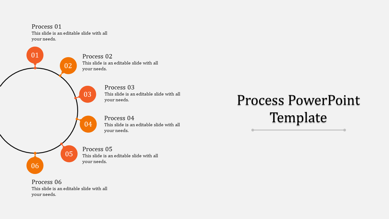 PowerPoint template featuring six circular process steps with numbered captions for each stage.