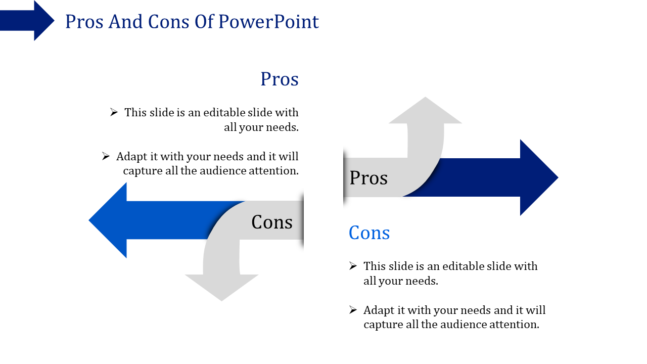 Slide with two sets of blue and gray arrows pointing in opposite directions, representing pros and cons, with text below.