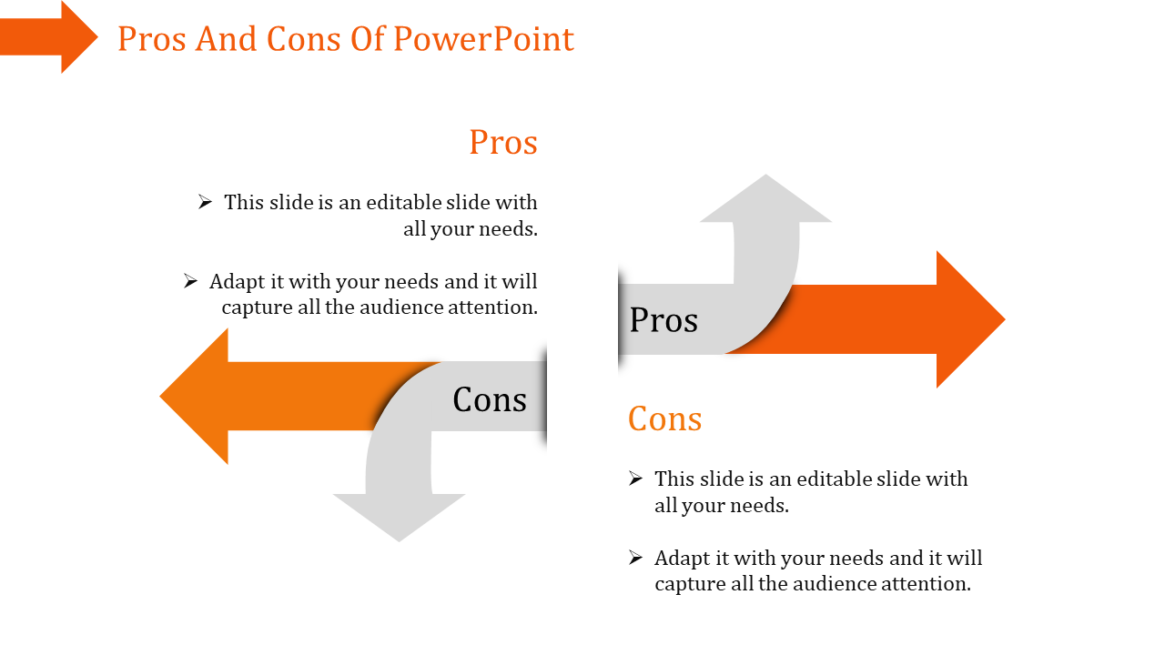 A PowerPoint slide comparing the pros and cons, with arrows pointing in opposite directions, each labeled with content.