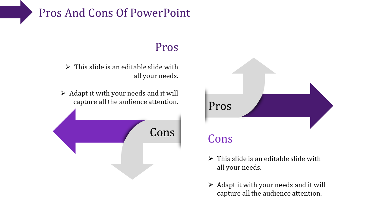 Slide showcasing pros and cons with green and gray arrows pointing in opposite directions, labeled with caption areas.