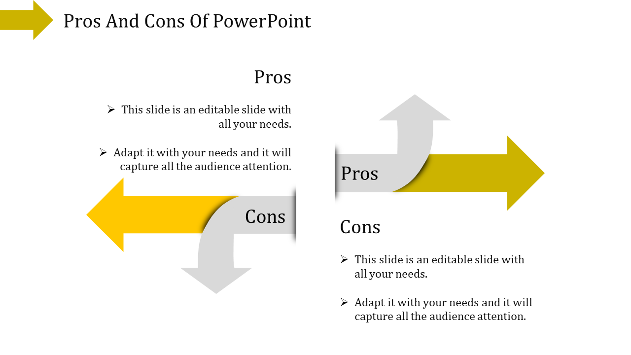 Pros and cons layout with yellow and gray curved arrows, with descriptive text on a white background.