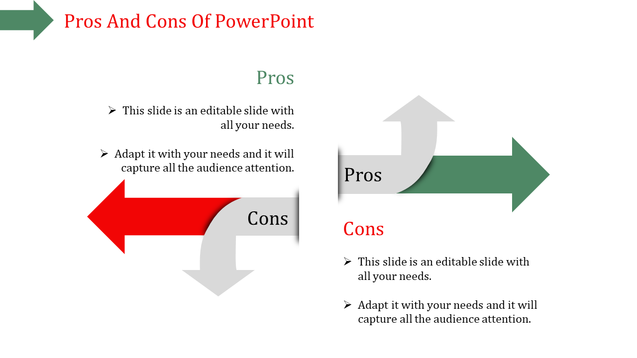 Pros and cons layout featuring a green right pointing and a red left pointing arrow with a gray curved link.