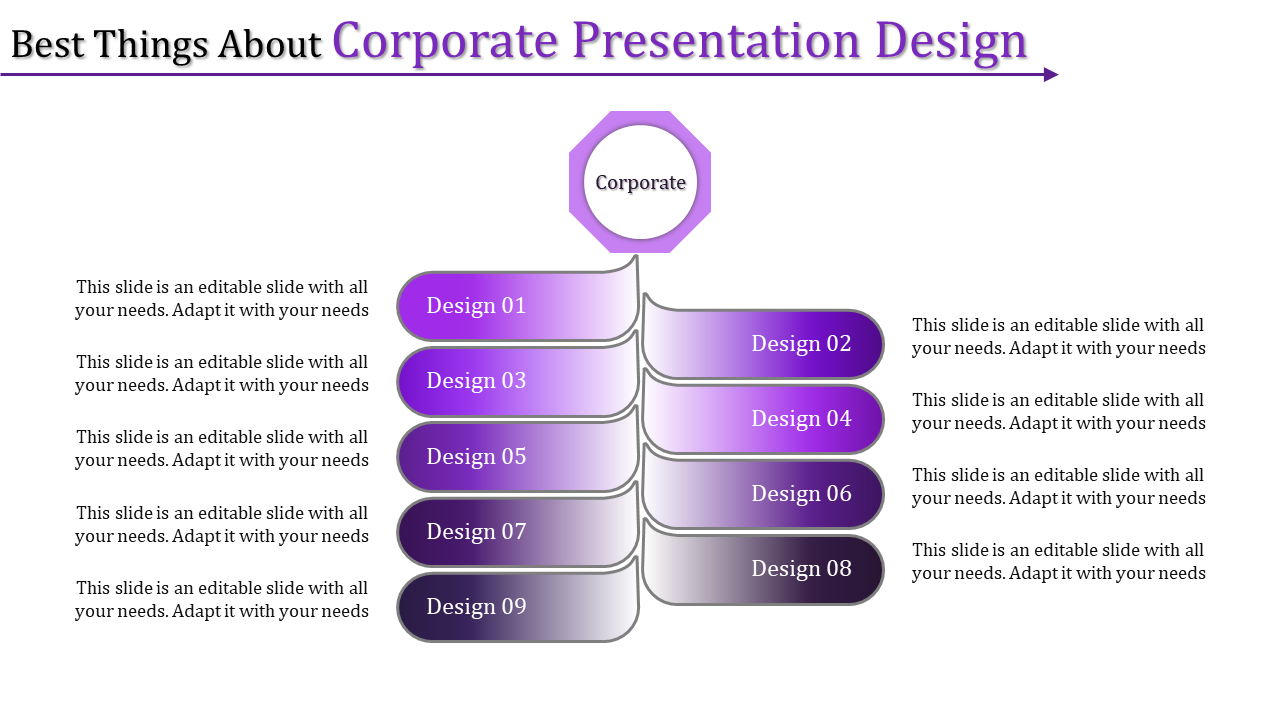 Corporate presentation slide with a purple hexagon at the top, leading to stacked gradient boxes labeled design 01 to 09.