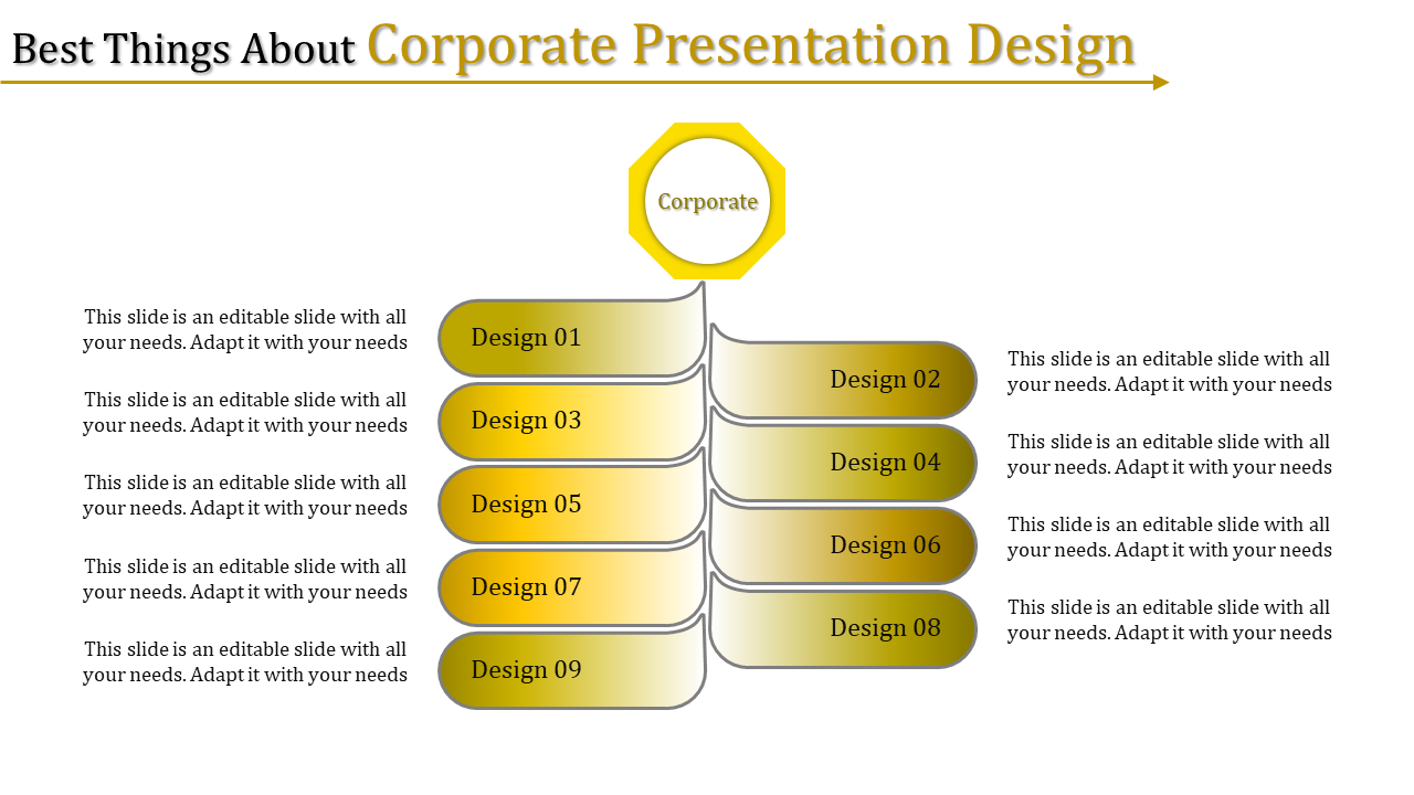 Corporate presentation structure with nine designs listed in gradient blocks beneath a central hexagon.