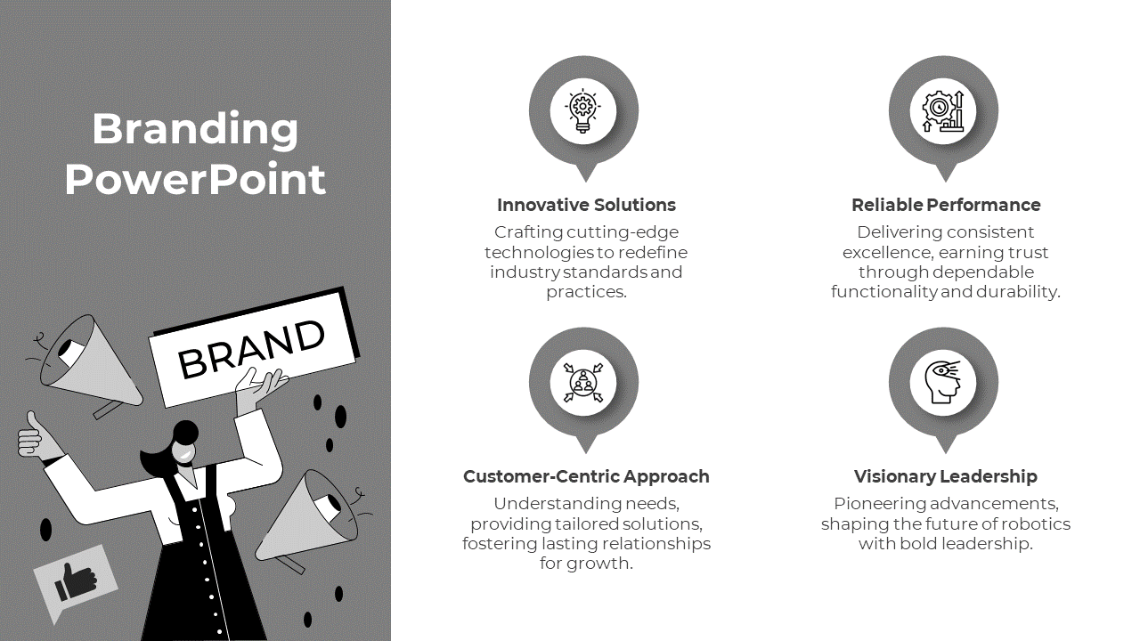 A slide showcasing key branding concepts from innovative solutions to visionary leadership with icons and descriptions.