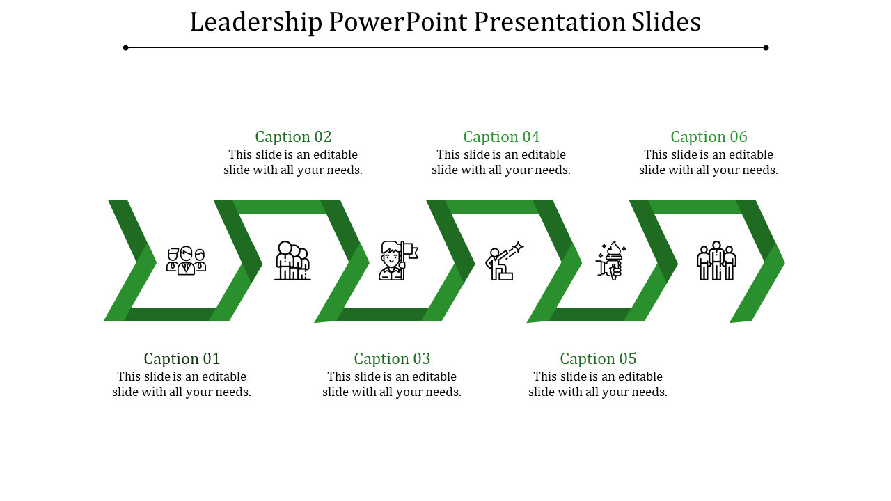 Leadership PowerPoint slide showing icons representing leadership themes with captions.