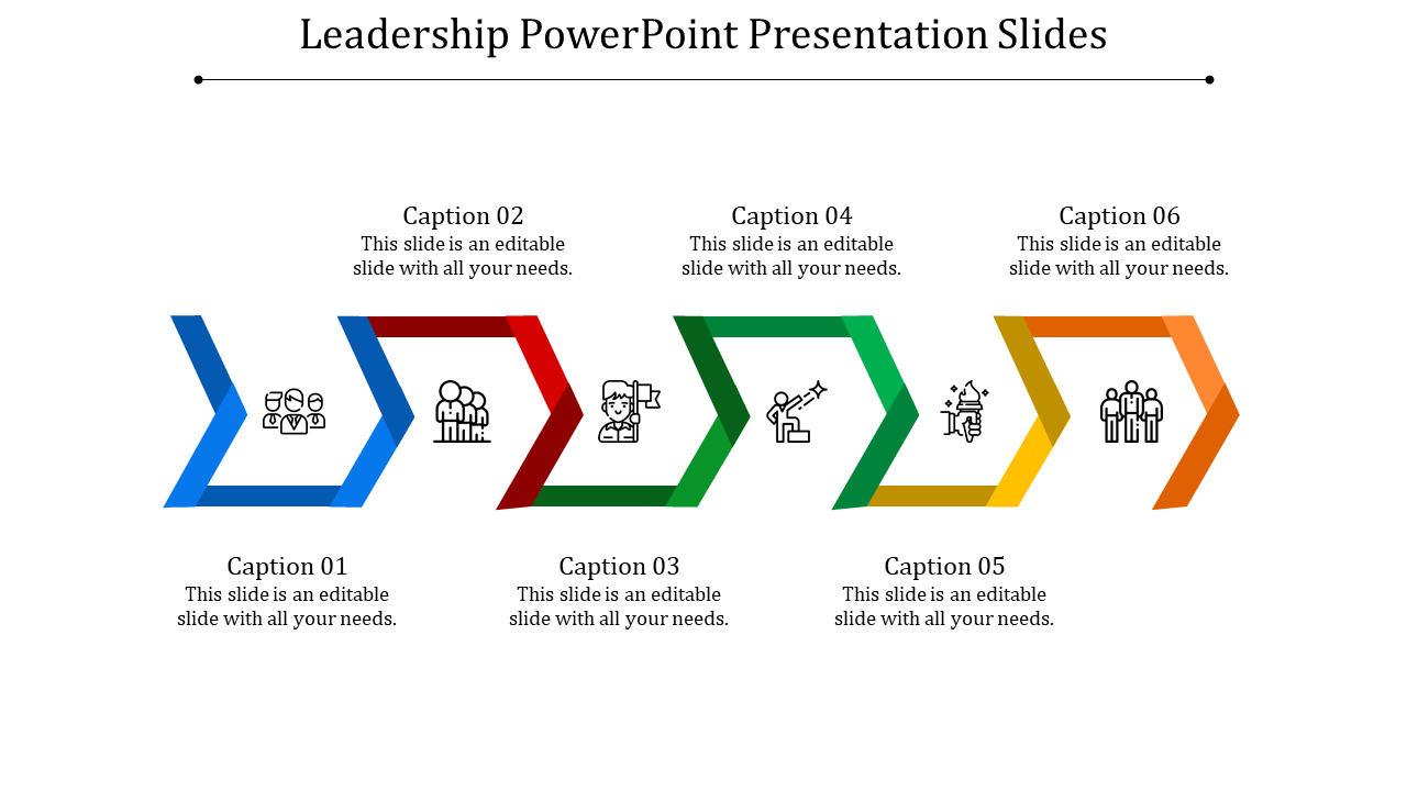 Sequential chevron arrows with leadership icons, progressing from blue to orange with labeled captions.