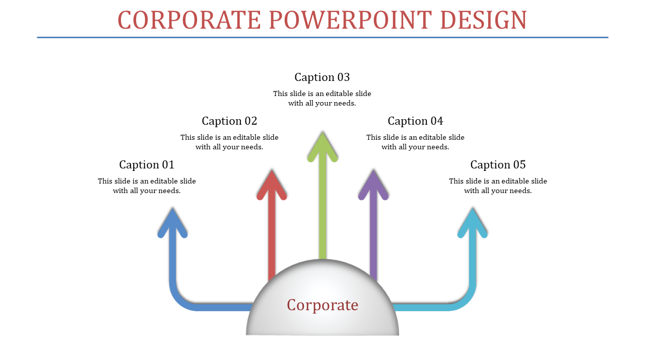 Circular corporate slide with base and five arrows pointing upward in different colors, each paired with a caption.