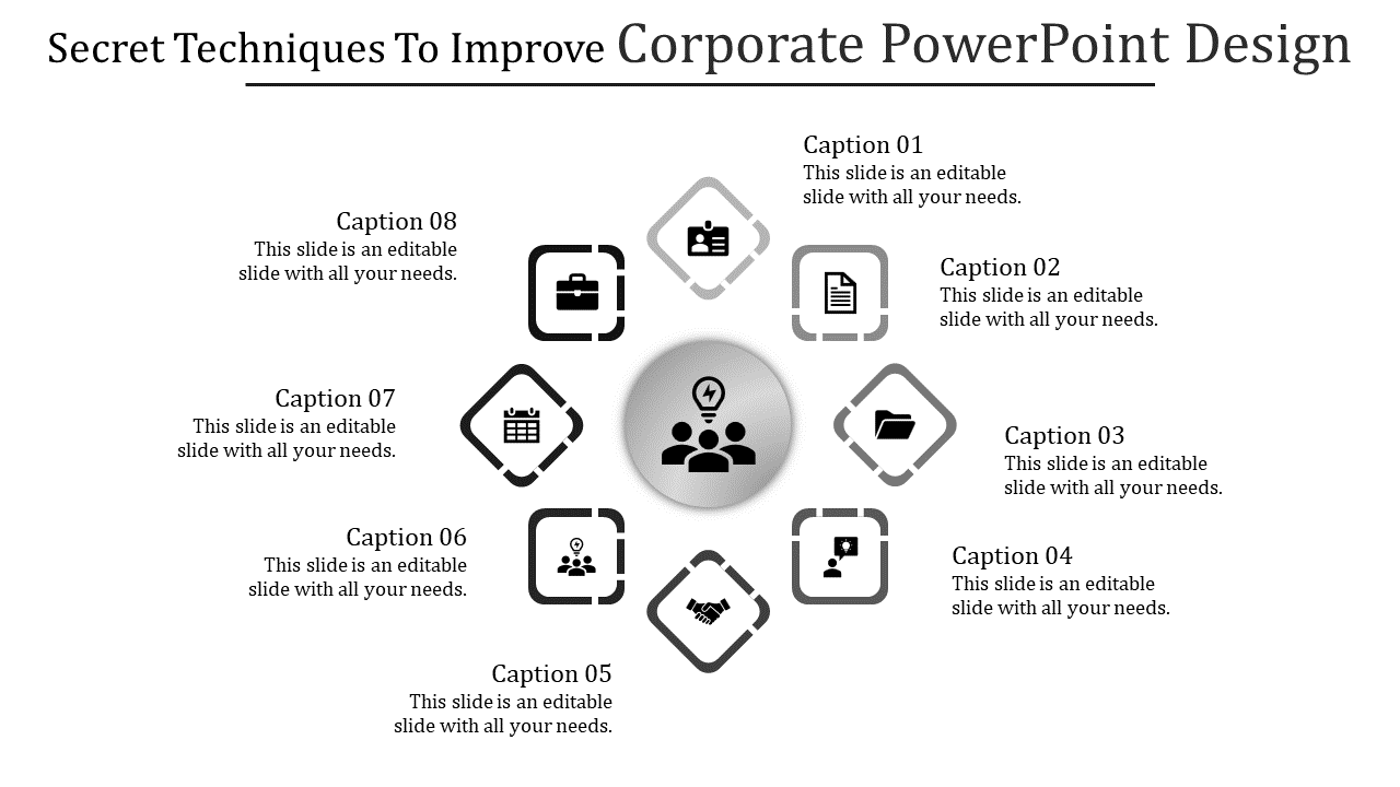 Eight step diagram showcasing techniques to improve corporate PowerPoint design, with captions.