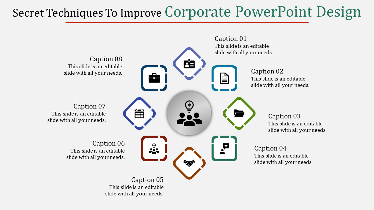 Corporate PowerPoint design slide featuring multiple icons, each representing different business concepts.