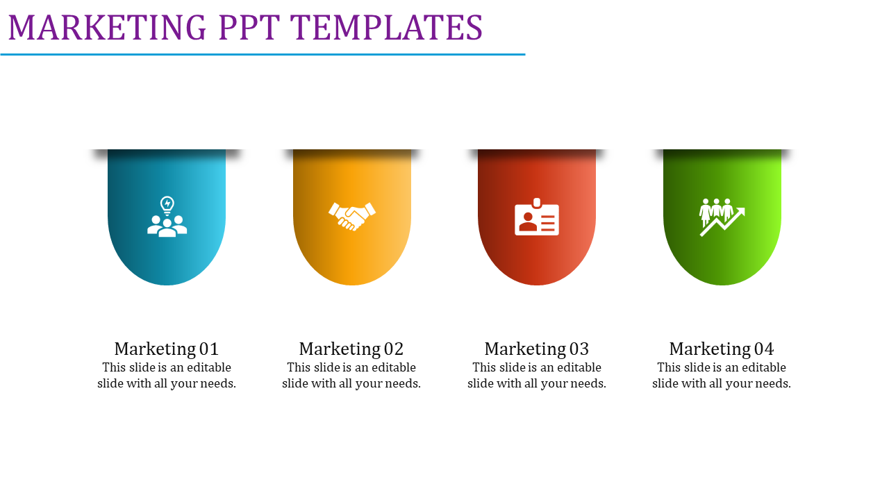 Marketing slide featuring four colorful icons in blue, yellow, red, and green with respective captions.