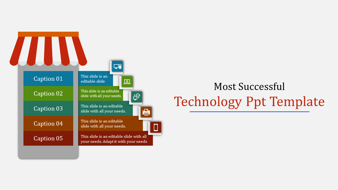 Technology-themed infographic with a store graphic containing five colored blocks labeled with caption areas.