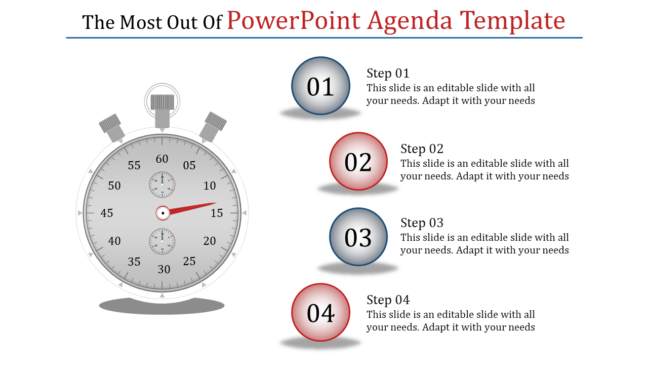 Slide featuring a stopwatch graphic and four numbered steps with text descriptions in colored circles on the right.