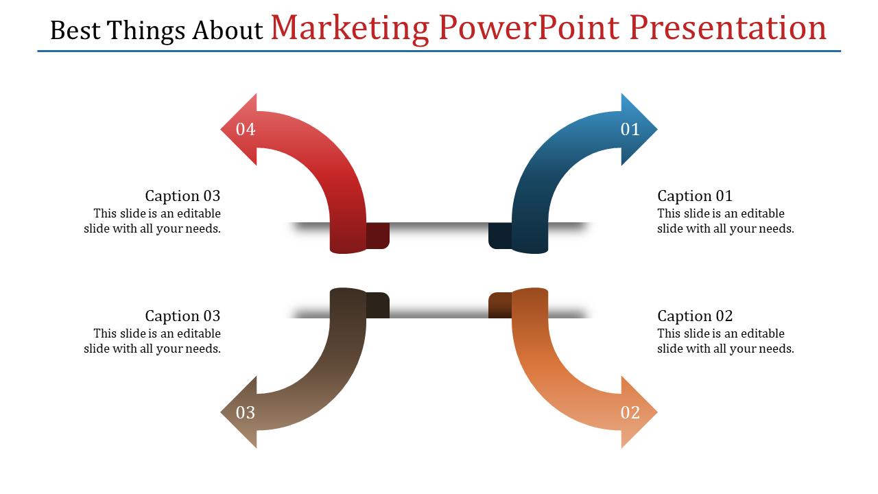 Four curved arrows in blue, red, brown, and orange, point to captions on each side of the slide for a marketing flow.