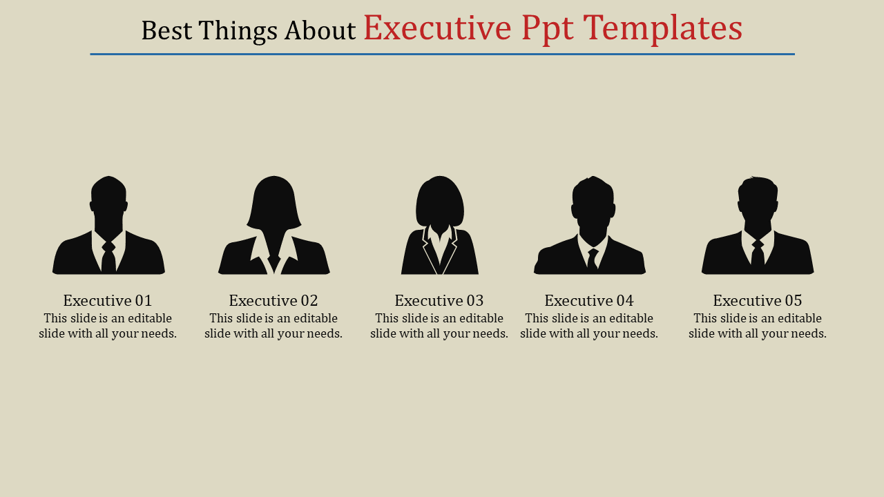 Silhouette icons of five executives displayed side by side, each labeled and with placeholder text areas.