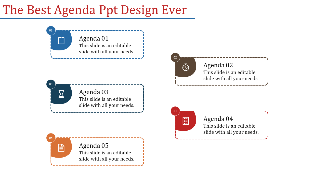 Agenda layout slide with five numbered boxes, each featuring icons like clipboard, clock, and hourglass.