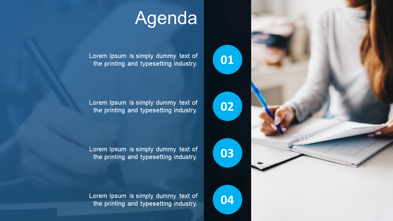 Professional agenda PowerPoint slide featuring numbered points and a workspace image with placeholder text.