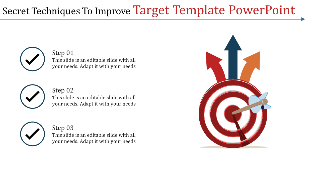 Infographic outlining secret techniques to enhance a target template, showcasing three steps and a bullseye illustration.