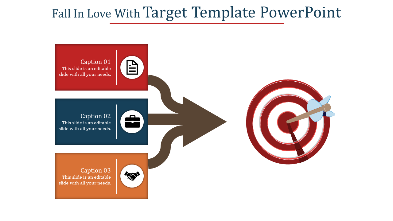 PowerPoint slide with three colorful boxes leading to a target with an arrow and captions with icons.