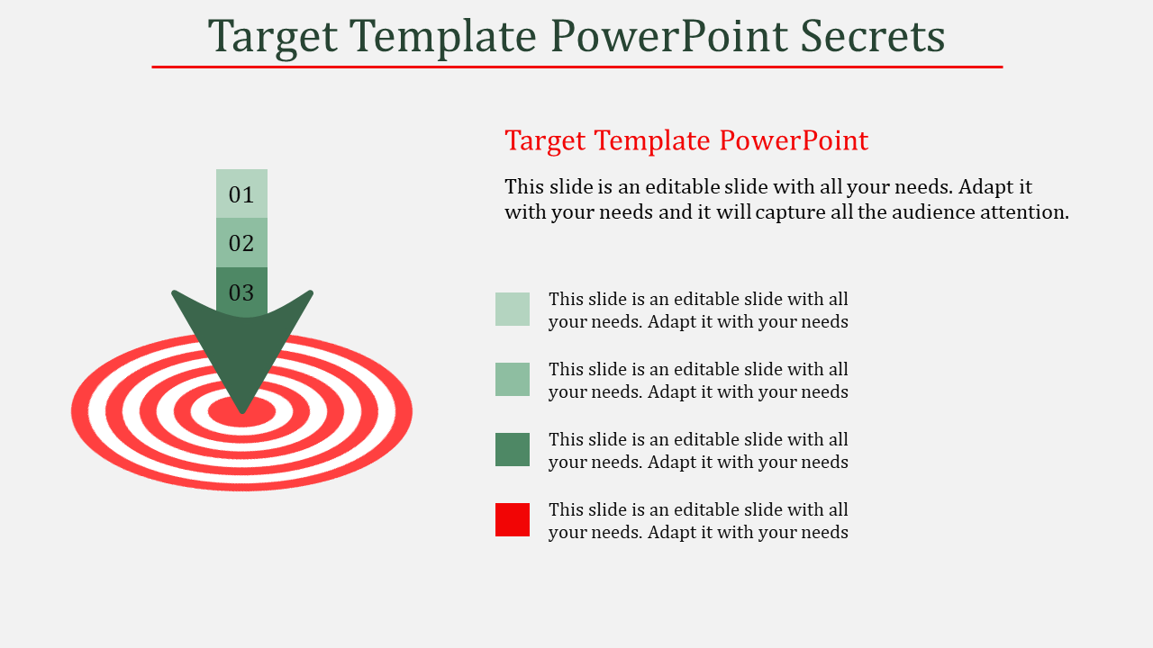 Illustration of a red target with concentric circles and a downward green arrow, alongside a color-coded steps.