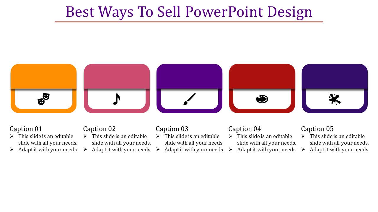 Slide layout with five colorful rounded rectangles in orange, pink, purple, red, and dark blue, each containing icons.