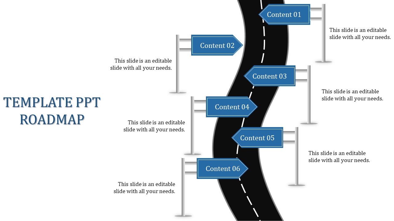 Roadmap layout with a curved black road and six blue signposts for content sections on a white background.