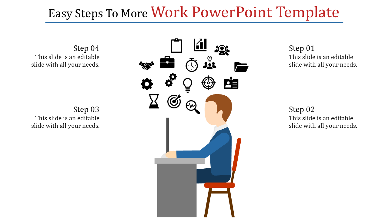 Work PowerPoint template illustrating a person working at a computer, surrounded by icons symbolizing productivity and tasks.