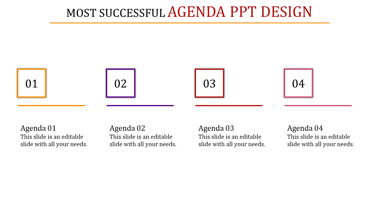 Agenda layout with four numbered squares and matching horizontal lines in different colors  each paired with captions.